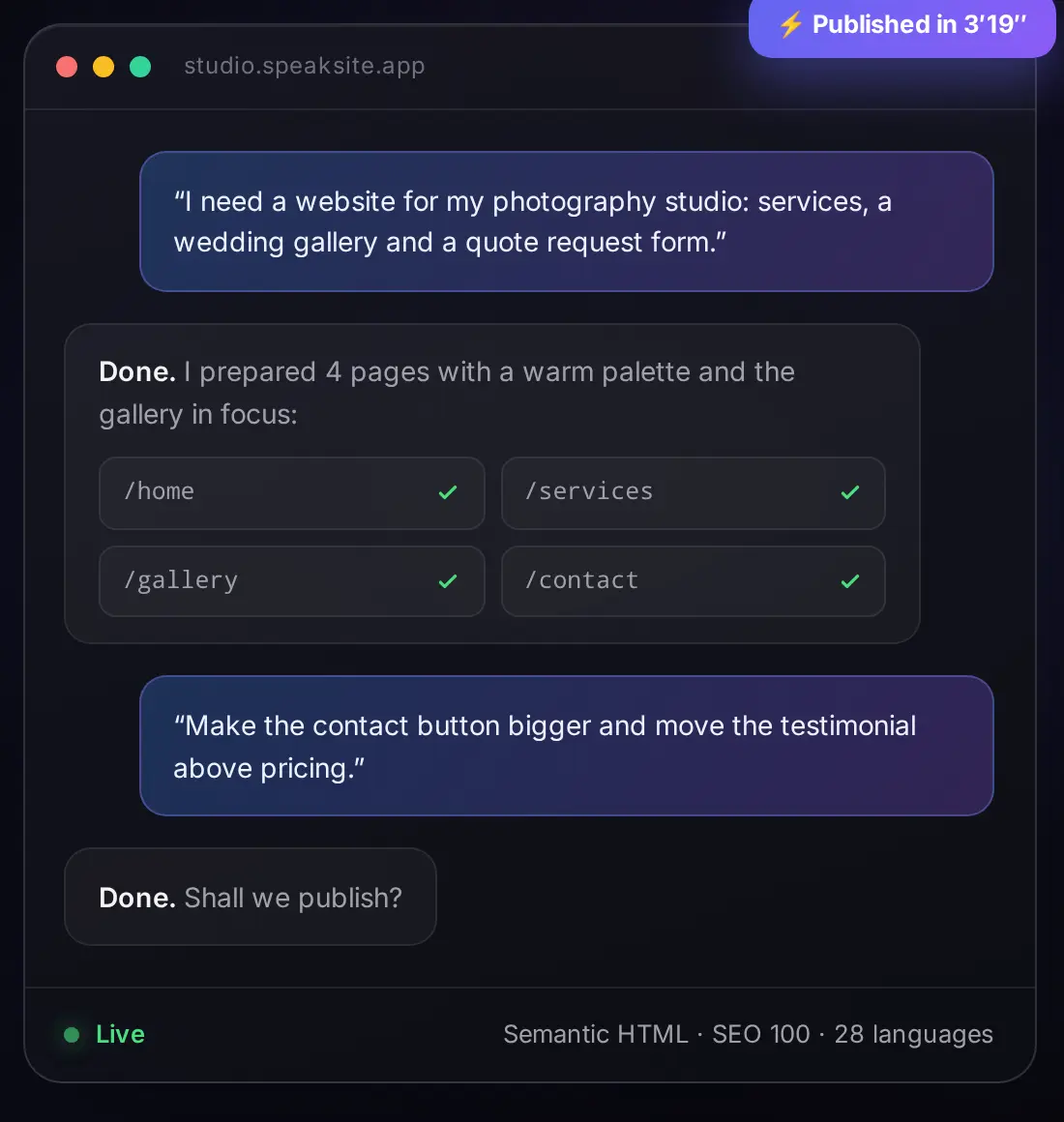 SpeakSite generando las páginas de una web a partir de la descripción del cliente