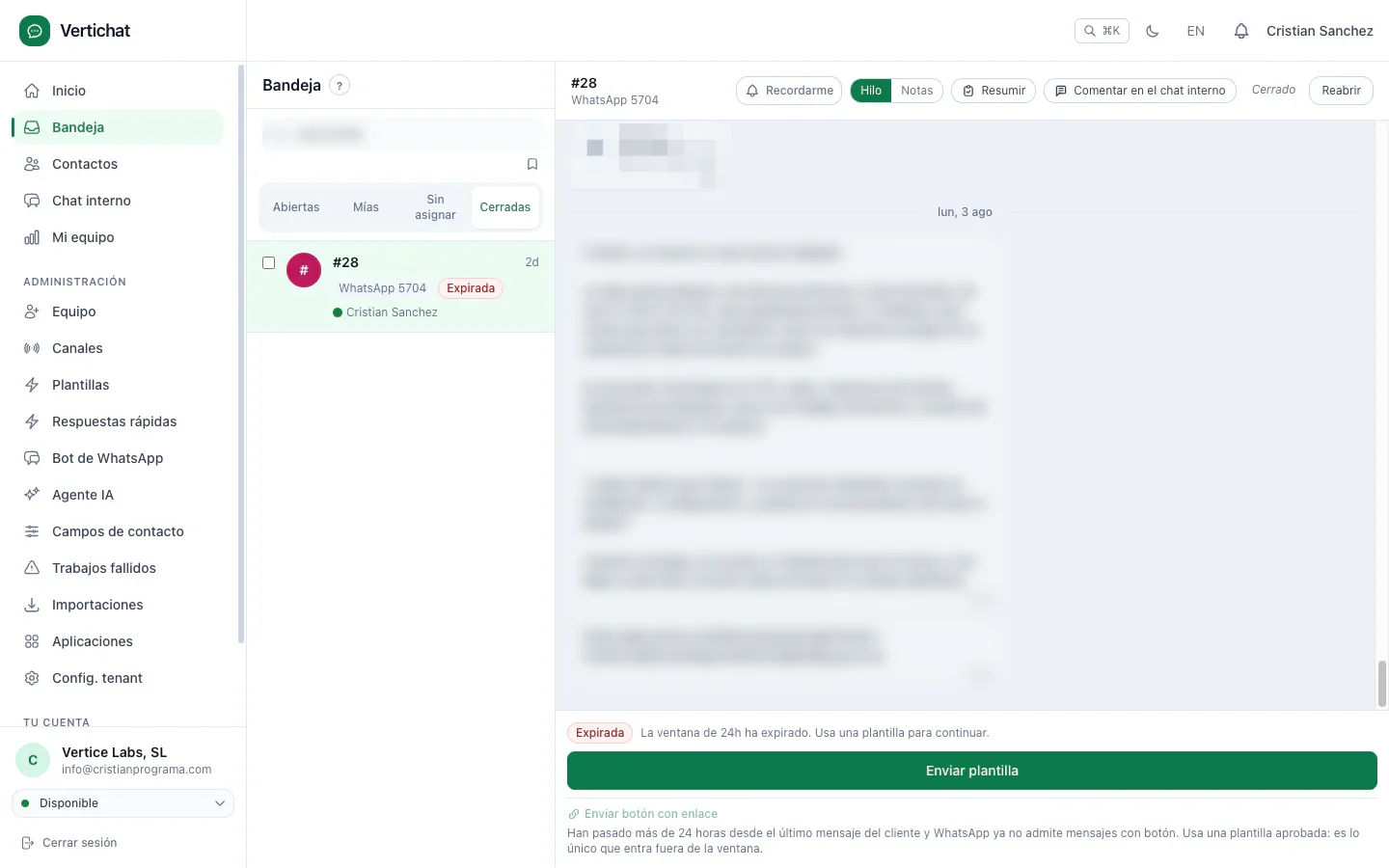 Bandeja compartida de Vertichat con una conversación de WhatsApp abierta