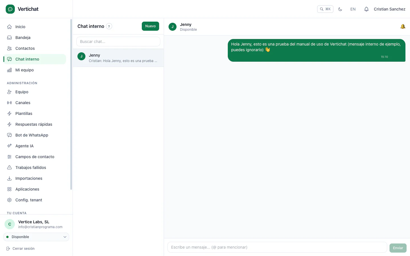 Chat interno del equipo en Vertichat