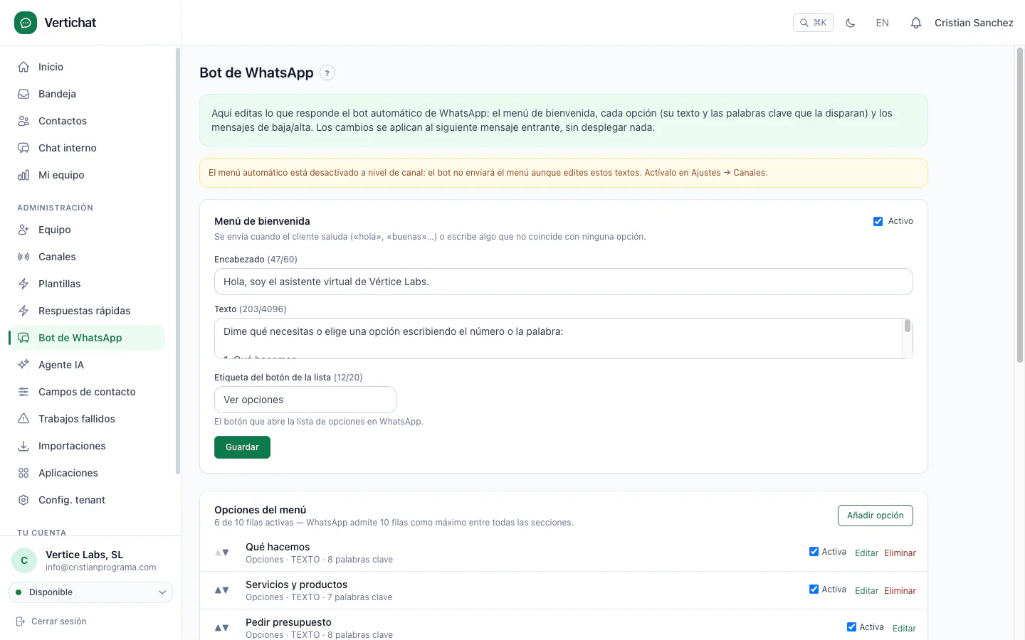 Configuración del bot de menú de WhatsApp