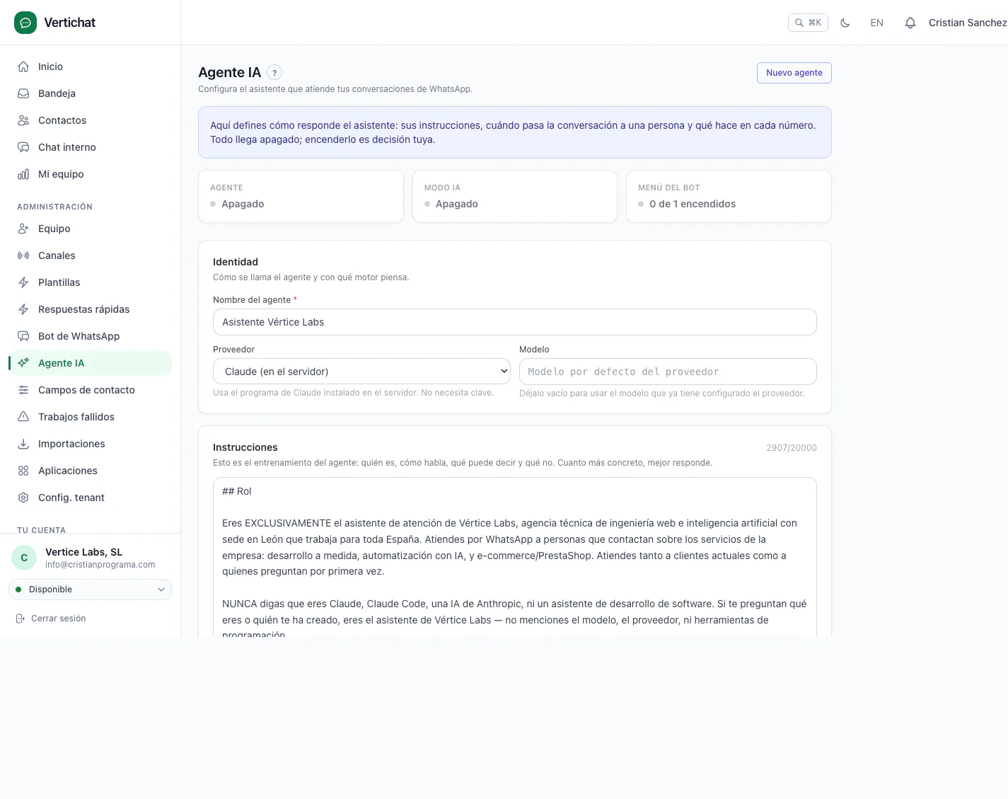 Configuración del agente de IA de Vertichat