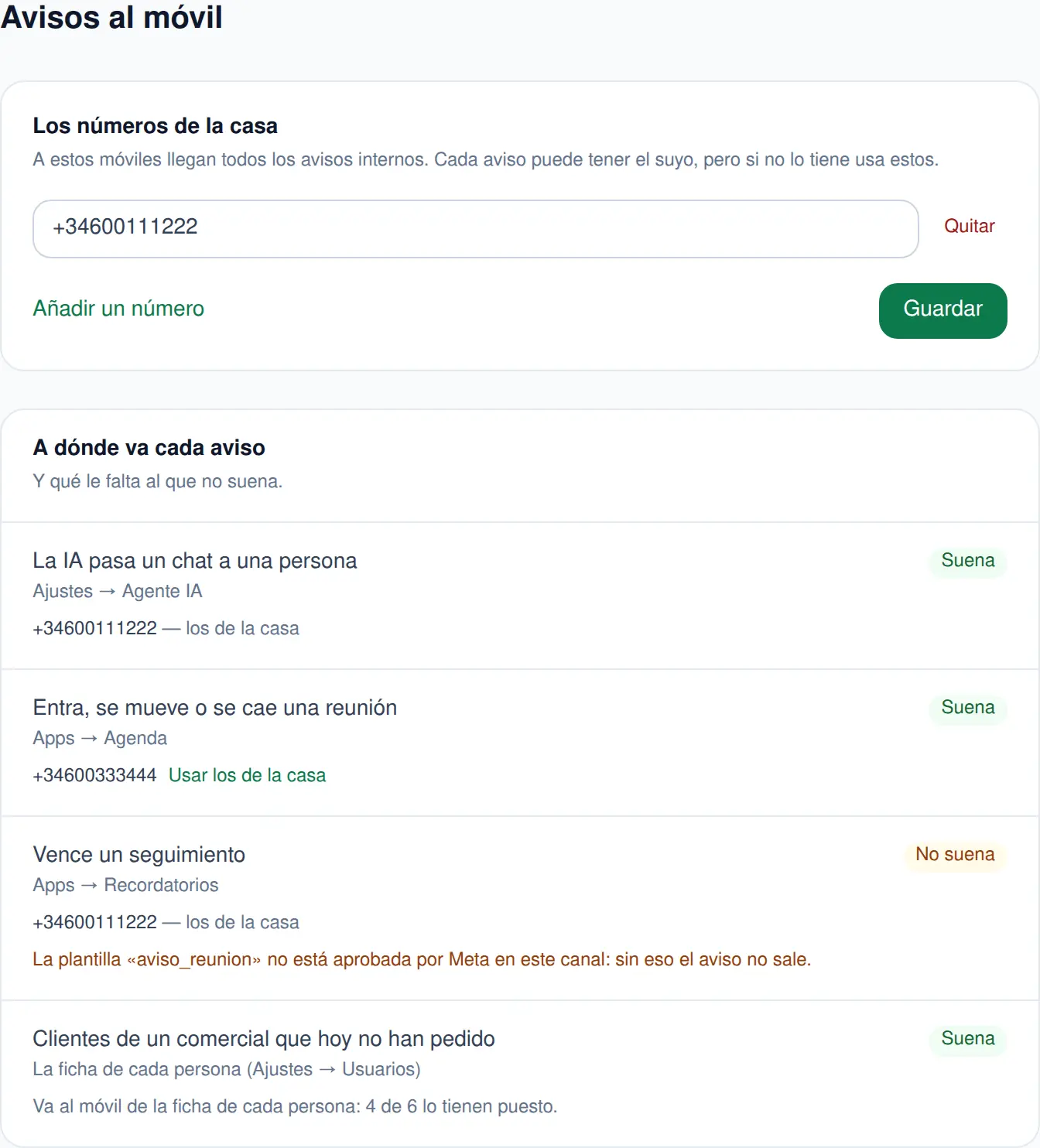Pantalla de Avisos al móvil